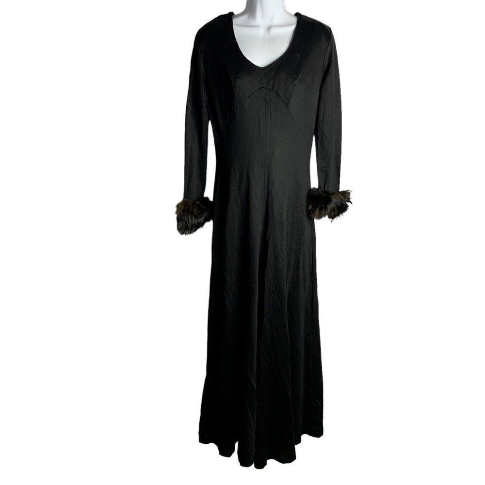 Vintage 60s Wide Leg Disco Jumpsuit S Black V Neck Long Sleeve Faux Fur Cuffs